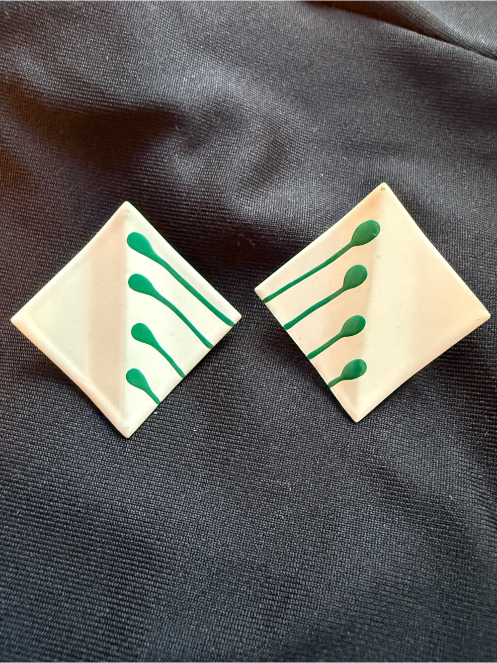Vintage Cream Square Earrings with Green Abstract Stripe Detail